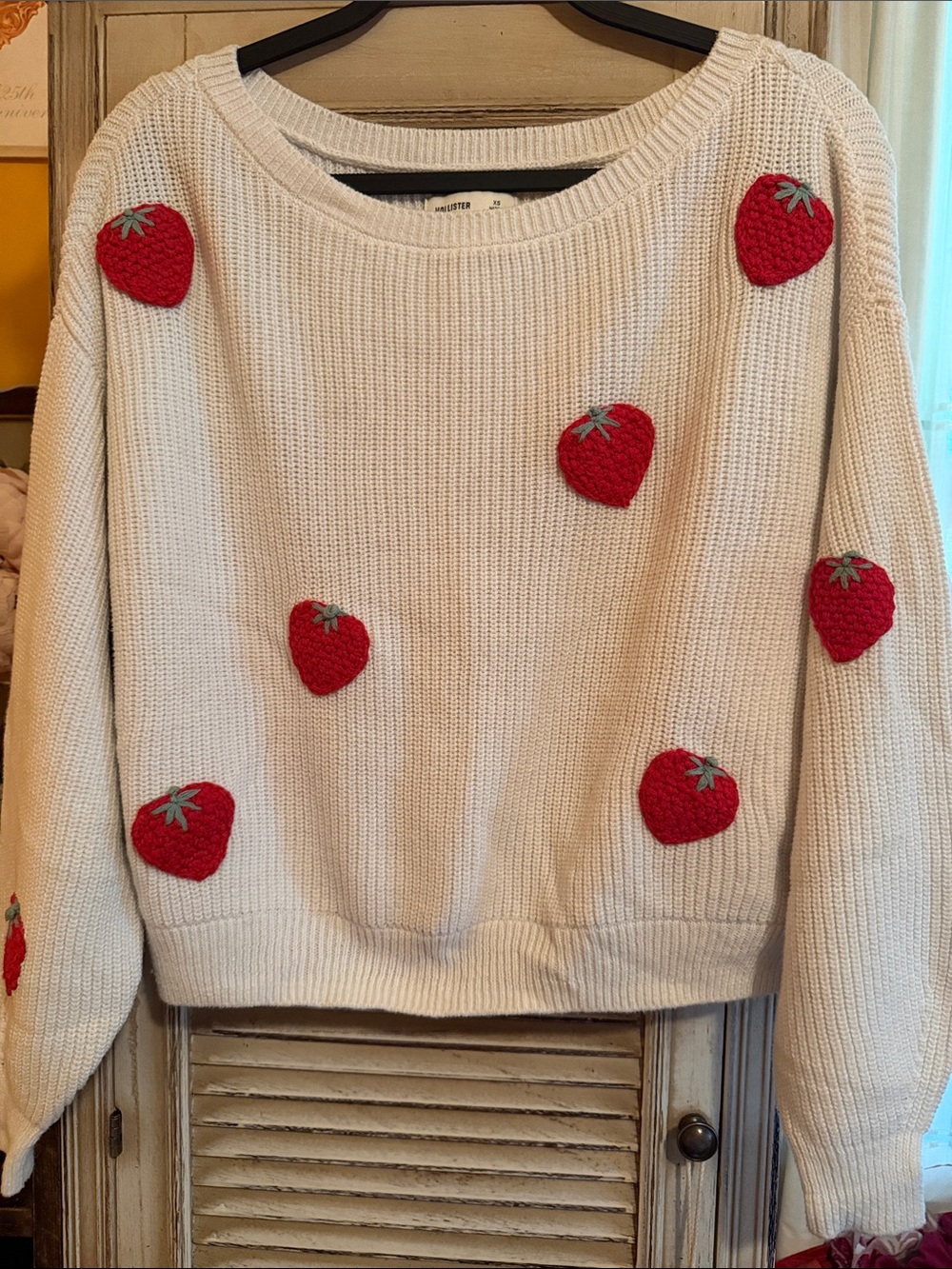 Hollister Cream Crewneck Sweater with Red Strawberry Appliqués